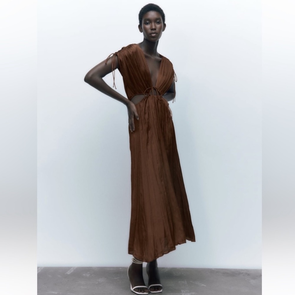 Zara cut out tie brown maxi dress Sz L